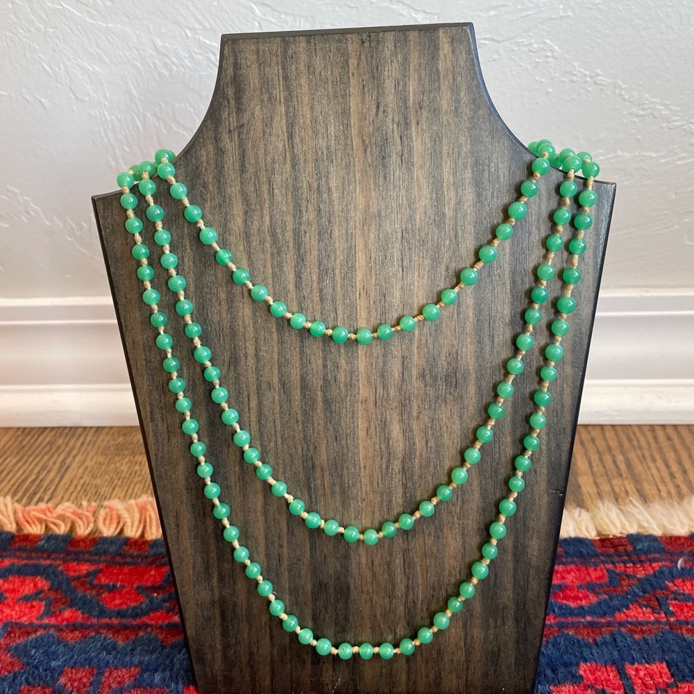 Vintage Knotted Jade Green Peking Glass Bead Necklace Circa 1920s-1930s